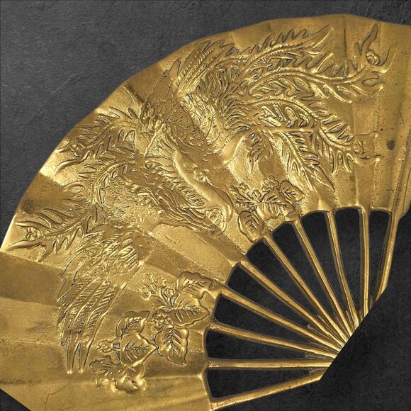 Vintage Brass Wall Fan Asian Motif Cranes & Foliage Heavy 11" Mid-Century Decor - Picture 2 of 5